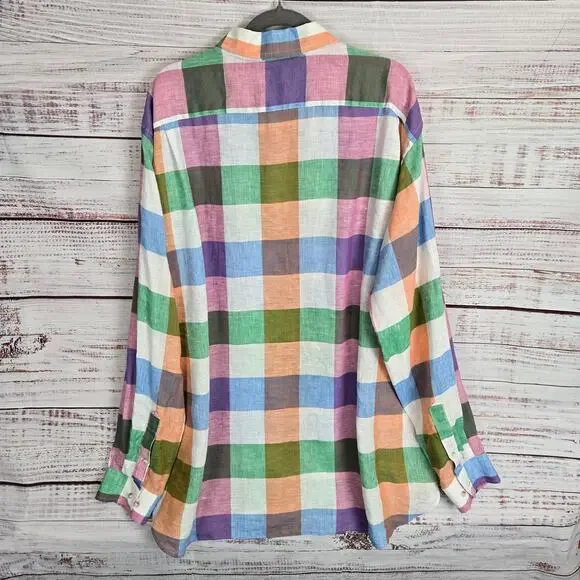 Paul Fredrick Pure Linen Classic Button Shirt 2XLT Vibrant Multi Rainbow Check - Picture 2 of 7